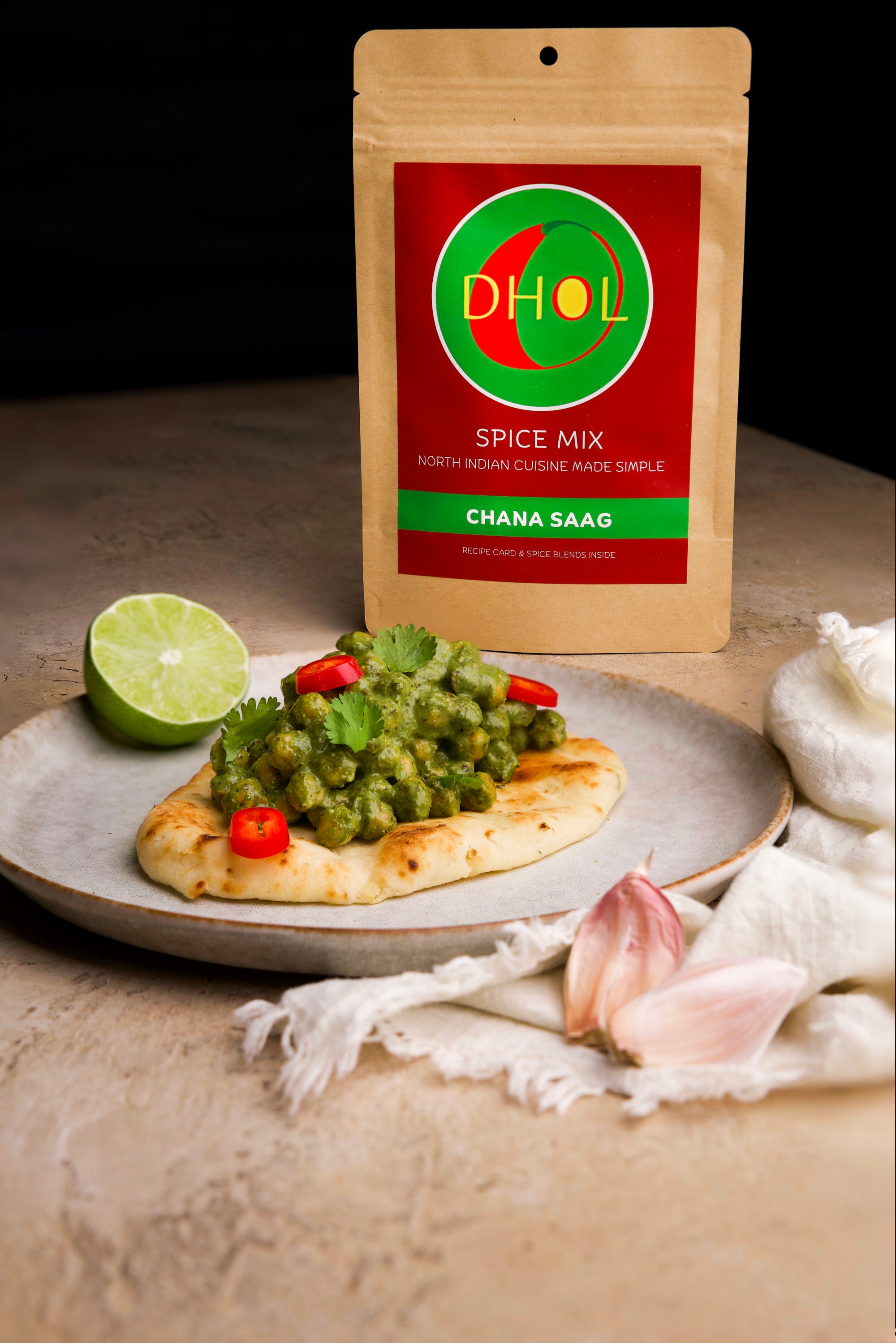 Chana Saag made with DHOL Chana Saag spice mix on a naan bread is delectable and scrumptous