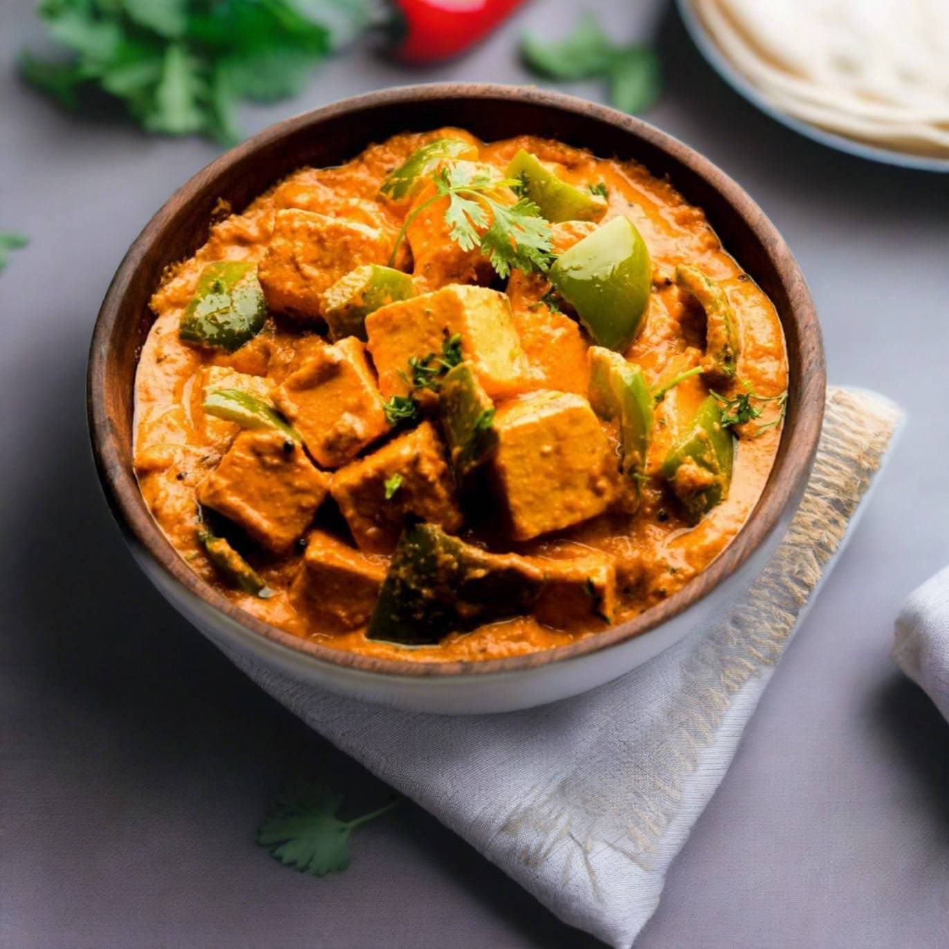 bowl of paneer curry with bell peppers in a rich and creamy onion and tomato curry sauce