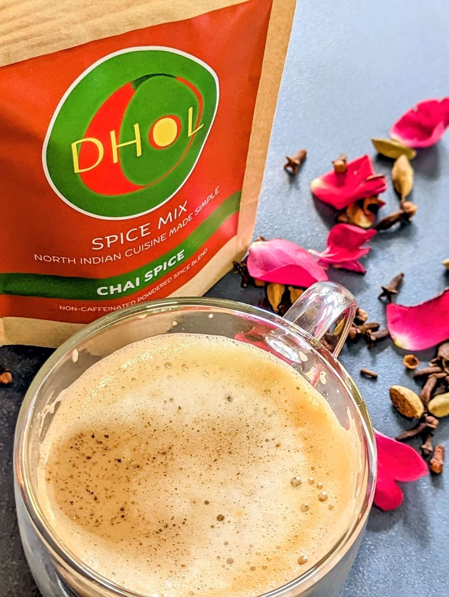 a warm cup of chai with DHOL Chai Spice with roses and cloves